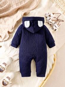 SHEIN Babyboy Navy And White Jumpsuit, Autumn Cute Hooded Plush Ear Design Navy Blue Winter Clothes For Newborn, Home Wear Casual Cozy Fleece Romper Fall - Multicolor - View 2