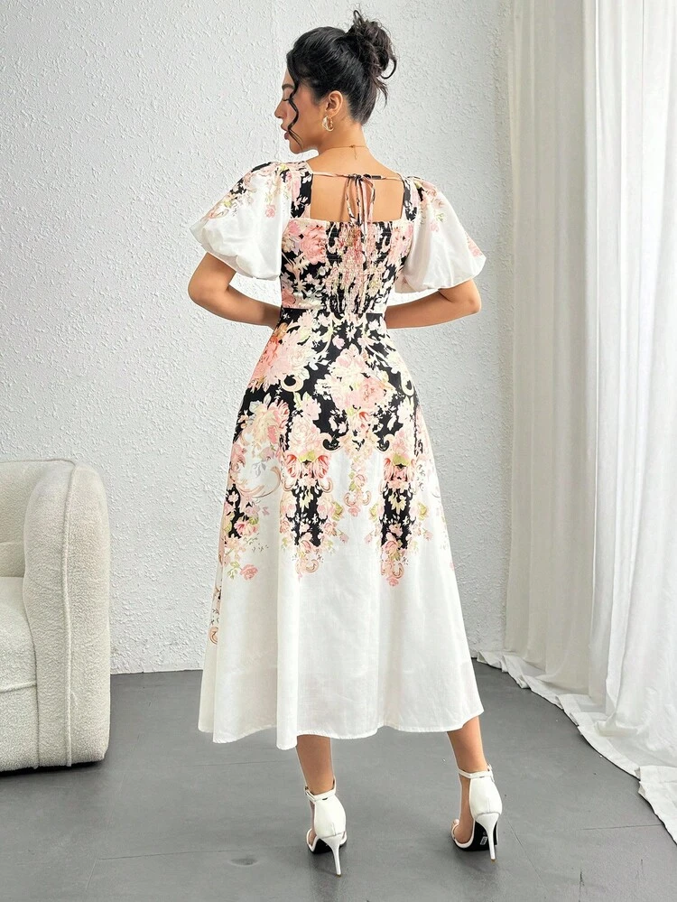 Women's Floral Print Square Neck Ruffle Hem Mid-Length Dress, Summer Sundress Maxi Dress Boho