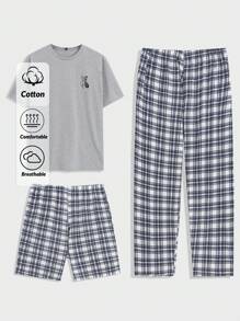 EURMUSE 男士格紋口袋T恤，短褲和長褲3入組家居睡衣套裝