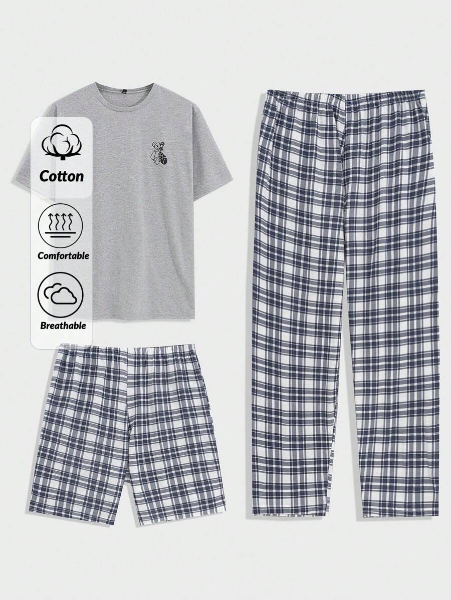 EURMUSE 男士格紋口袋T恤，短褲和長褲3入組家居睡衣套裝
