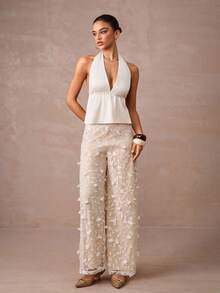 Lumalex 2件套缎面紧身胸衣腰部高腰超大长款3D花卉刺绣女士套装 - 杏色 - 查看 6