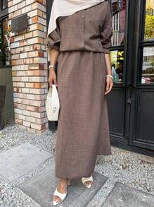 DAZY Western Style Beach Vacation Solid Washed Linen Loose Casual 2 Pieces Set For Women, Spring,Fall Clothes Modest Fashion - Coffee Brown - View 6