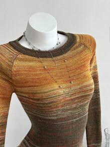 Elamini 女士休闲圆领长袖毛衣，秋冬针织套头衫 - 棕色 - 查看 6