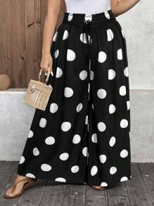 SHEIN LUNE Quần ống rộng dáng suông thoải mái, họa tiết chấm bi, cạp chun, dành cho nữ, kiểu dáng giáo viên, thích hợp mặc ở nhà. - Đen và trắng - Xem 5