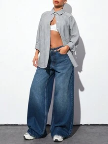 EURMUSE Pantalón vaquero de cintura media con detalles lavados y pierna ancha - Azul lavado oscuro - Ver 4