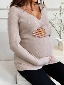 SHEIN Fall Clothes,Autumn Clothes,Maternity Autumn Clothes Maternity Maternity Solid Color Overlap V-Neck Long Sleeve Fitted Fashionable Sweater Maternity Shirts For Women Maternity Clothes Fall Winter Pregnancy Clothing Beige Maternity Shirt Maternity Tops Nursing Maternity Shirt Fall Winter Maternity Beige Maternity Top Pregnant Outfits Maternity Fall Winter Clothing Maternity Wrap Top - Camel - View 5