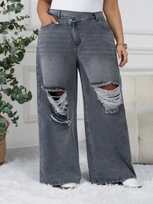 SHEIN CURVE+ Jeans larghi con tasche asimmetriche in vita e effetto vissuto per taglie comode da donna - Grigio - Visualizzare 3