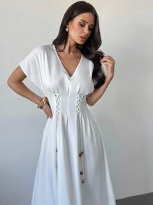 Firerie Vestido largo elegante con cintura anudada para mujer - Blanco - Ver 5