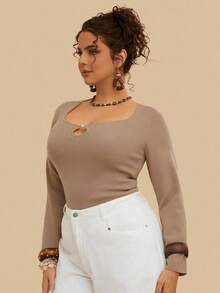 SHEIN VCAY Suéter de unicolor versátil y de moda para mujer de talla grande en otoño/invierno - Café integral - Ver 6