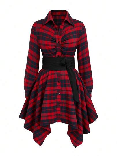 SHEIN Plus Size Women's Casual Plaid Asymmetrical Shirt Dress Fall Cloth For Women