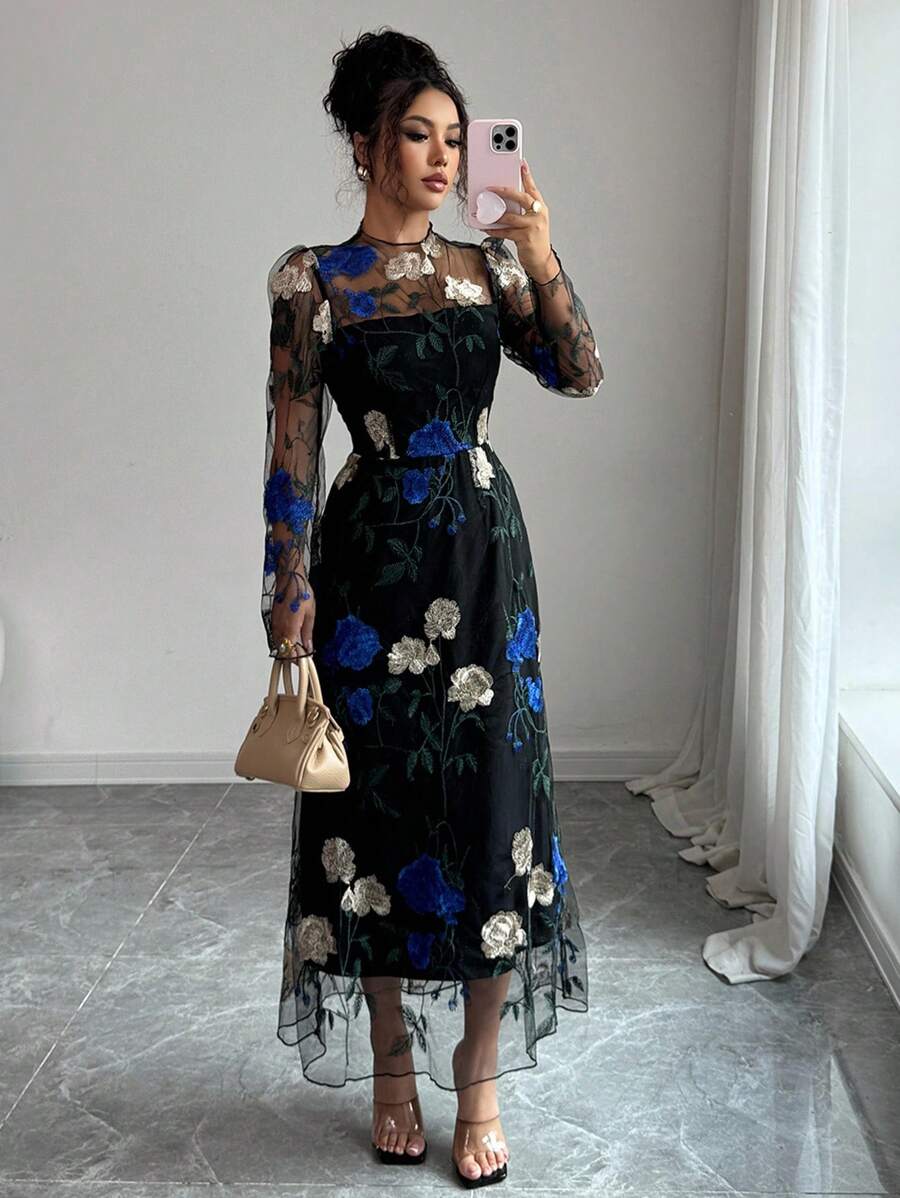 Elenzga 女士优雅时尚通勤休闲舒适迷人复古派对假日修身网眼 3D 刺绣花裙（随机印花） - 黑色 - 查看 1