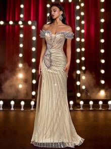 Glamrae 优雅、奢华、迷人的珍珠花卉亮片袖、露肩、性感开衩鱼尾裙，带拖尾，适合婚礼、活动、派对、度假、庆典、正式场合（重度点缀） - 香檳色 - 查看 5