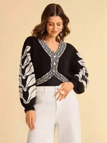 CAJUNI Áo khoác cardigan dáng rộng tay dài cổ chữ V họa tiết lá đen trắng dành cho nữ, đa năng cho mùa thu/đông - Đen và trắng - Xem 6
