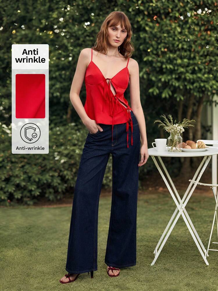 SHEIN Maija Women's Solid Color Front Tie Casual Fashion Red Camisole Top