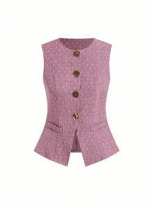 Ellevyn 女士优雅新款时尚法式无袖背心，配有大号金属纽扣，适合通勤、休闲穿着和各种场合 - 紫色 - 查看 6