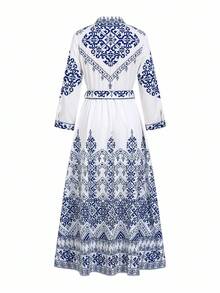 Ellevyn Women's Elegant Vintage Print Belted Shirt Dress