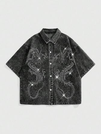 Anime Men's Drop Shoulder Short Sleeve Dragon Casual Short Rhinestone