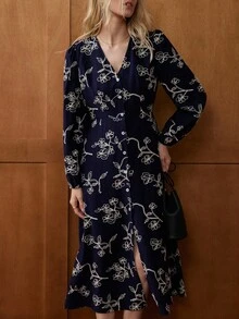 Écloséra 女士V领提花刺绣长袖连衣裙，时尚设计，秋季