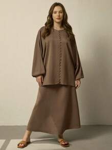 EMERY ROSE Plus Size Women's Fashionable Elegant Casual Batwing Sleeve Round Neck Loose Autumn Coffee 2-Piece Set Fall Cloth For Women - Mocha Brown - View 3