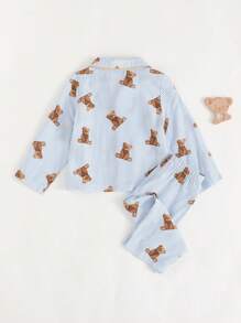 Cozy Pixies 2件套男童卡通熊图案翻领短袖开衫和松紧腰短裤套装 - 霧霾藍 - 查看 2