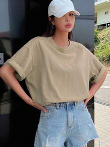 DAZY Women's Drop Shoulder Loose Short Sleeve T-Shirt With Heart Cutout Back Design Cute Tops,Graphic Tees - Apricot - View 2