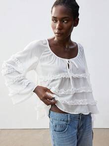 Maija Casual Elegant V-Neck Loose Ruffle Flare Sleeve White Blouse, Suitable For Spring, Summer Vacation, Music Festival, Party, Vacation - White - View 3