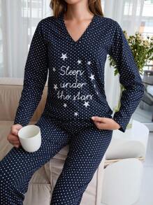 EURMUSE 100% Cotton 2Pcs  V Neck Polka Dot&Slogan Printed Homewear Pj Set - Navy Blue - View 3