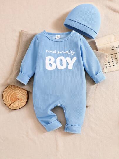 SHEIN 2pc Newborn Baby Boys Cute "MAMA'S BOY"Letter Embroidery Waffle Knitted Jumpsuits And Hat, Mommy And Me Matching Baby Boy Baby Needs Infant Baby Baby Welcome Baby Newborn Baby Boy Clothes 0-6 Month 1T 2T Baby Boy Clothes Newborn Boy Clothes Set Baby Fall Winter Clothes Baby Boy Newborn Accessories Blue Baby Blue Knitted Outfit Unisex Baby Clothes Infant 1 Month 100 Days Photo Props Newborn Unisex Clothes Baby Outfits Unisex Funny Baby Clothes Baby Boy Long Sleeve Jumpsuit Mamas Boy Outfit