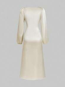 Celisse 女士优雅纯色灯笼袖鱼尾连衣裙 - 杏色 - 查看 8