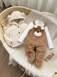 2pcs Newborn Baby Boy/Girl Cute Fluffy Hooded Jacket And Overalls Set, Autumn/Winter Baby Teddy Bear Outfit Winter Baby Clothes Sets Baby Bear Jacket Baby Hooded Cardigan Baby Set Autumn Winter Season Fall - Brown - View 4