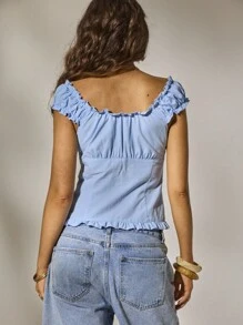 Aralina 秋冬 Y2K 斯德哥尔摩风格纽扣荷叶边办公室衬衫可爱外出上衣 - 藍色 - 查看 2