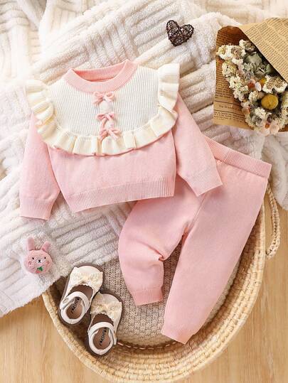 SHEIN 2-częściowy zestaw dla dziewczynki z kokardką, kontrastowym kolorem, długim rękawem, falbanką i dzianinowymi spodniami