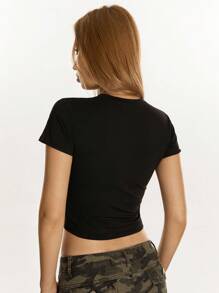 Rina Fox Áo thun nữ ngắn tay mùa hè có in khẩu hiệu BIG HEART BIGGER - màu đen - Xem 3