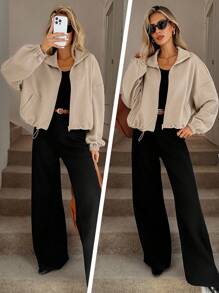 Easowa Women's Stand Collar Zip-Up Short Sweatshirt With Pockets, Khaki Textured Fabric, Autumn Neutral Outfits Cropped Jacket Fall Outfits For Women Khaki Outfits For Women Neutral Clothes For Women Fall Women Clothes Winter Jacket  Winter Clothes Women Back To School Bomber Jacket Women Fall Jackets - Khaki - View 2