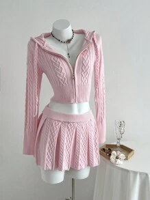 Elamini 2pcs Casual Versatile Tight-Fitting Cable Cable Knit Sweater Set Fall Winter Cloth For Women - Pink - View 3