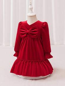 Glamorique Kids Baby Girls' Autumn/Winter New Velvet Korean Fleece Design V-Neck Ruffle Bow Elegant Party Dress,Christmas Dress - Red - View 1