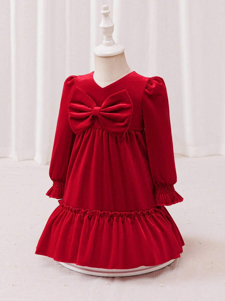 Glamorique Kids Baby Girls' Autumn/Winter New Velvet Korean Fleece Design V-Neck Ruffle Bow Elegant Party Dress,Christmas Dress - Red - View 1