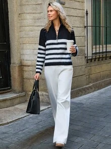 EURMUSE 带有醒目黑白波浪条纹图案的毛绒拉链领毛衣 - 黑與白 - 查看 2