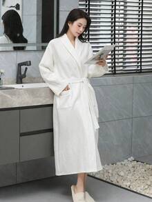 SHEIN 1 pezzo di accappatoio stile waffle, vestaglia unisex per adulti, pigiama primaverile/estivo, ad asciugatura rapida e ad assorbimento d'acqua, vestibilità morbida, disponibile in più colori, essenziale per il bagno e la casa, adatto per la stagione scolastica - Colletto verde multicolore - Visualizzare 8