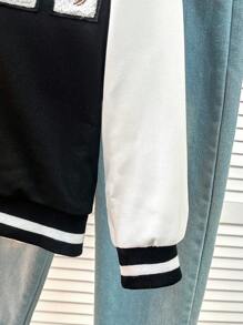 Tween Girl Letter Patched Striped Trim Drop Shoulder Varsity Jacket - Black and White - View 6