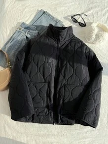 Comfortcana Plus Size Casual Solid Color Drawstring Hem Jacket, Autumn/Winter Quilted Jacket Black Jacket Fall