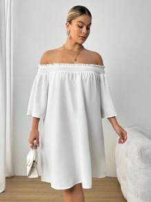 SHEIN PETITE CURVE Plus Size Casual Loose Daily Versatile Solid Color Off-Shoulder Dress - White - View 7