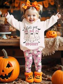 SHEIN Happikins Halloween, Cream Pink, Super Cute Little Ghost Bow Heart Print, Autumn Vibe, Baby Girl Casual Minimalist Letter Pattern Loose Raglan Hoodie Sweatshirt And Relaxed Fit Pants 2 Pieces Set, Sweet Casual, Outings, Street Style, Loungewear, Party, Picnic Fall Winter - Multicolor - View 1