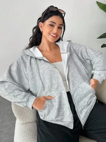 SHEIN EZwear Áo nỉ dài tay có mũ dành cho nữ cỡ lớn, kiểu dáng thường ngày, thích hợp cho mùa thu đông. - Xám - Xem 4