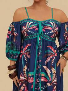 Levarali Plus Size Women's Vintage Boho Casual Bohemian Style Tropical Plant Print Long Dress Beach Vacation Party Navy Blue Summer - Multicolor - View 7