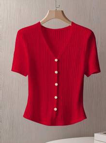 GlowEve Women's Elegant Commuter Solid Color Front Button Short Sleeve T-Shirt, Summer - Red - View 3