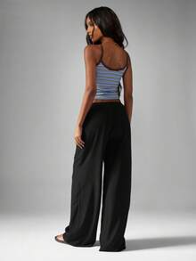 MISSGUIDED Pantalones palazzo de pierna ancha con efecto martillado y satinado, cintura alta con cordón, pantalones de salón elegantes y fluidos para fiestas, eventos, uso casual y cómodo, ideal para usar en vacaciones y verano - Negro - Ver 2
