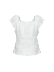 DAZY Women's Summer V-Neck Frill Trim Fitted Short Sleeve T-Shirt - White - View 8