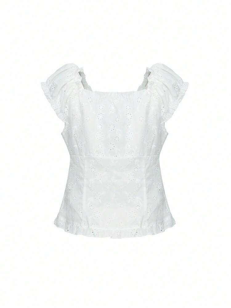 Women's Summer V-Neck Frill Trim Fitted Short Sleeve T-Shirt