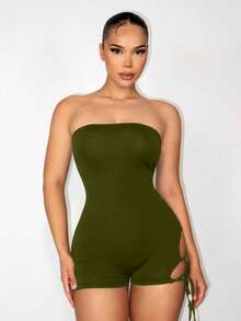 Zolique Women's Skin-Friendly & Comfortable All-Season Lace-Up Lifting Basic Solid Color Hollow Criss-Cross Strap Jumpsuit - Army Green - View 7